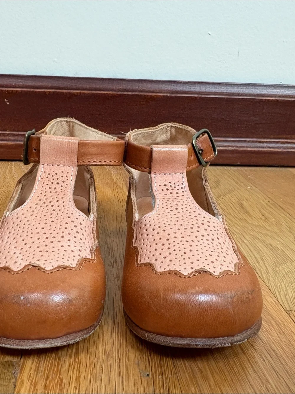 Girls' T-Strap Dress Shoes in Tan & Blush by Nathalie Verlinden